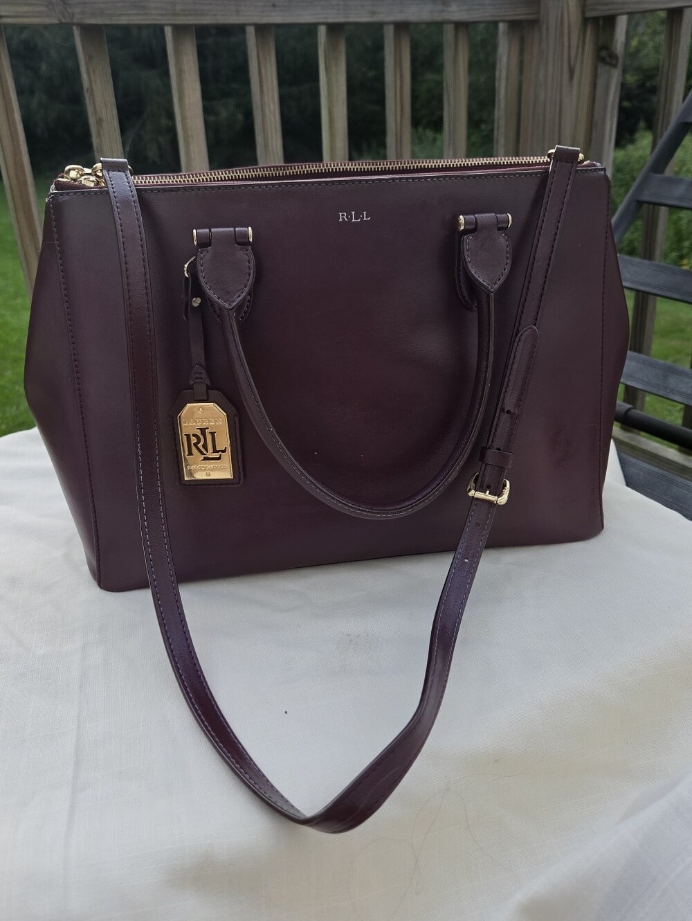 Lauren Ralph Lauren Burgundy Double Zip Leather Satchel with Gold Hardware